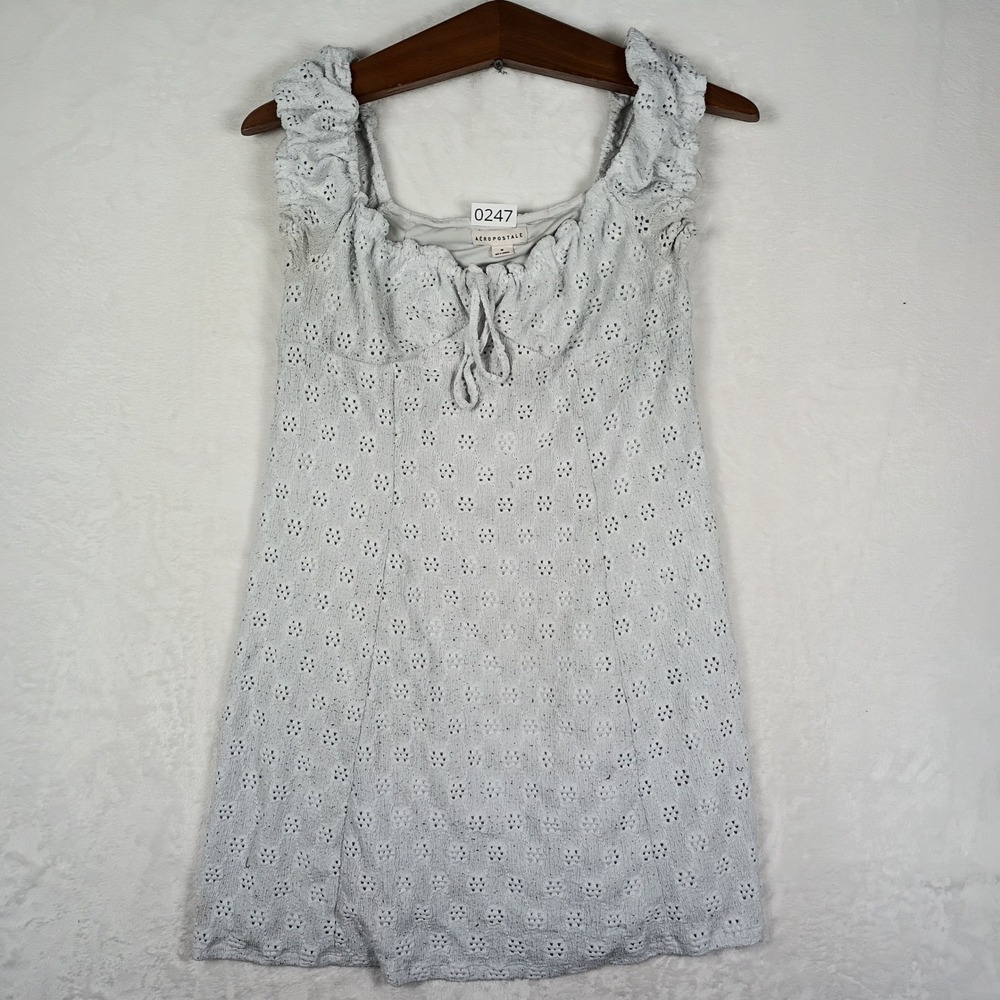 Aeropostale Mini Dress Womens Medium Blue Eyelet Ruffle Milkmaid Cottage Core‎
